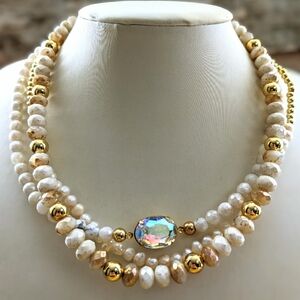 Natural White Mystic Moonstone, Natural Pearls & Glass In 3 Strand Gold Necklace
